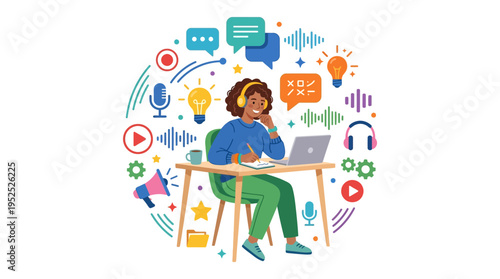 Flat vector scene of a diverse woman creating digital content, producing podcasts, and engaging in online communication with creative ideas in a modern remote workspace.