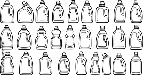 Hand Drawn Black and White Line Art of Household Cleaning Detergent Bottles. Outline Collection of Various Liquid Cleaner Packaging for Laundry and Home.