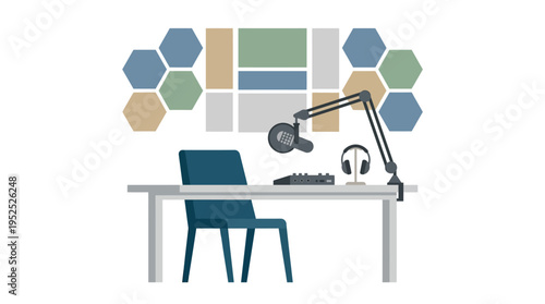 Minimalist graphic illustration of a podcast studio setup: microphone, headphones, and audio mixer on a desk for recording.