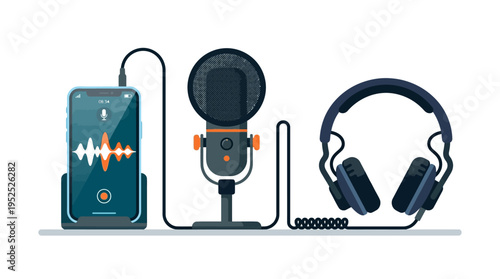 Mobile podcast studio illustration: smartphone, microphone, and headphones connected for digital audio recording and voice content.