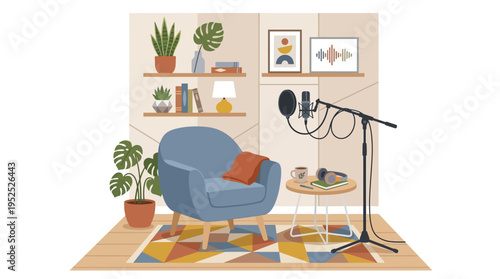 Flat Design Illustration of a Cozy Home Studio Setup for Podcast Recording and Audio Content Creation