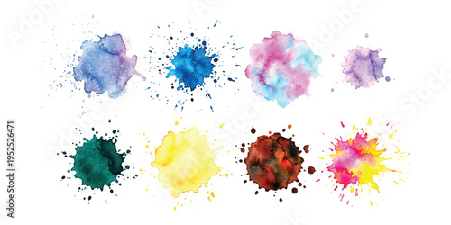 Vibrant watercolor paint splatters and colorful ink blots set with textured brush strokes vector illustration