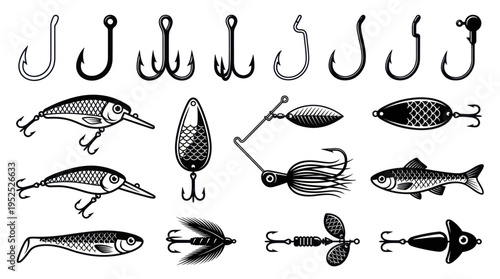 Fishing hooks and lures set, various types of fishing tackle for catching fish.
