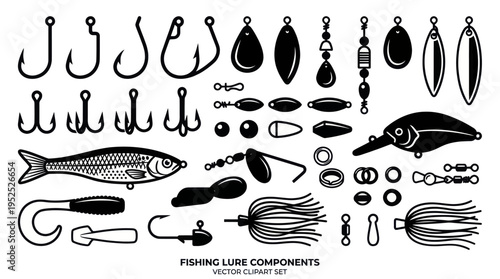 Fishing Lure Components and Accessories Vector Illustration Set.