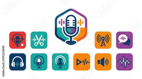 Dynamic vector logo and icon set for audio content, podcasting, and digital media production, representing broadcasting and sound editing.