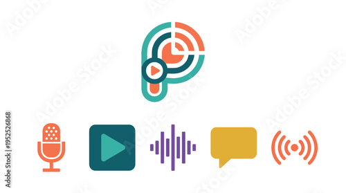 Modern Flat Vector Illustration of Digital Media Icons for Podcast, Audio, Video, Communication, and Online Broadcasting
