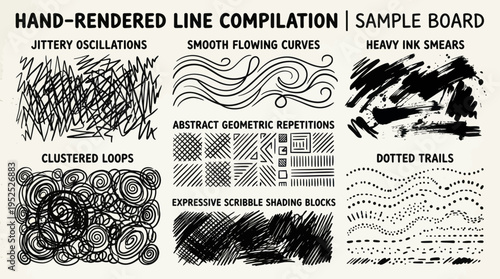Hand Drawn Line Art Compilation Sample Board with Various Textures and Patterns.