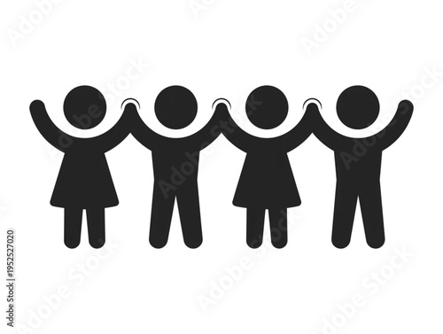 Group of people holding hands silhouette, unity teamwork and community support vector icon on white background