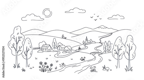 Hand-drawn outline of a charming village nestled in a serene valley landscape.
