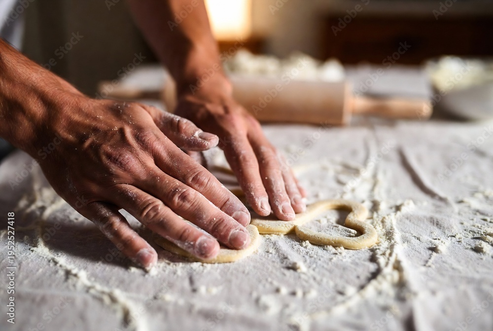 Fototapeta premium Hands are kneading dough on a flour-dusted table in a rustic kitchen.