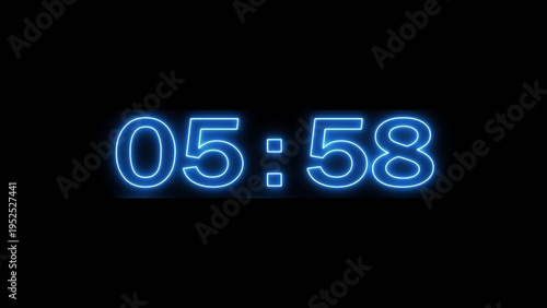 Neon timer clock illustration. Timer neon number on black background. Timer clock number.