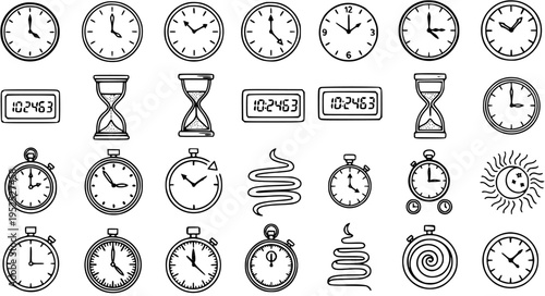 Hand-drawn Black and White Line Art Time Icons Set. Vector Collection of Clocks, Hourglasses, Stopwatches for Measurement, Scheduling  Productivity Concepts.