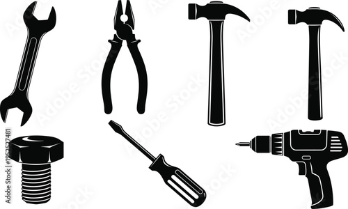 Black vector silhouette set of hardware tools including hammer wrench pliers screwdriver power drill and bolt isolated on white.