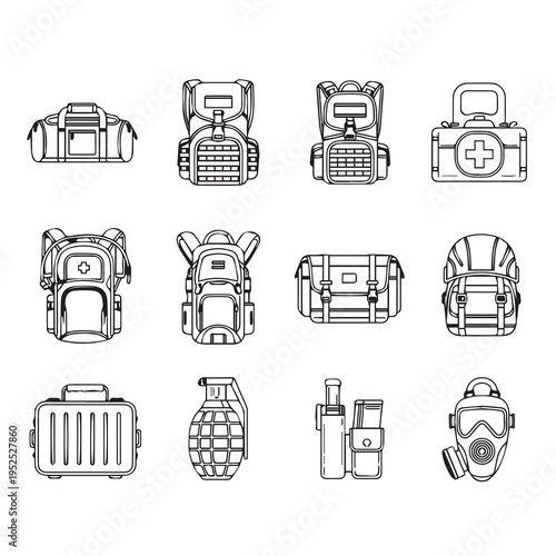 Survival Gear Icons: Backpacks First Aid Kit Grenade Gas Mask Duffel Bag KitVector