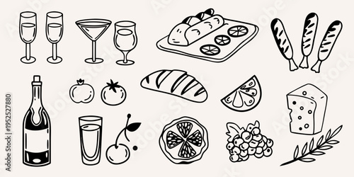 A charming hand drawn collection of drinks pastries fruits and cheese