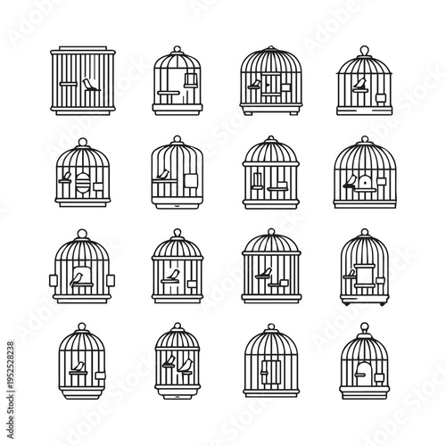 Various Bird Cages with Birds Inside Line Art Collection Minimalist Style