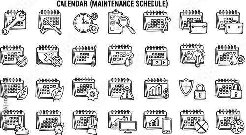 Black  White Hand-drawn Line Art Calendar Icons Set for Maintenance Schedule and Business Planning. Outline Vector Doodles for Time Management.