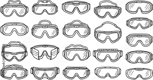 Line Art Goggles Collection. Hand Drawn Black and White Protective Eyewear Set for Sports, Safety, Industrial, and Outdoor Activities.