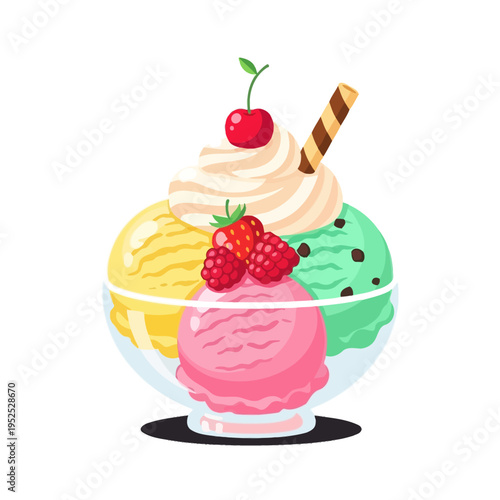 Colorful Ice Cream Sundae in Glass Bowl with Berries and Cherry Topping