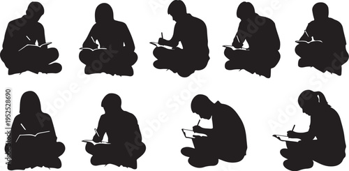 Silhouettes of people sitting and writing in various positions
