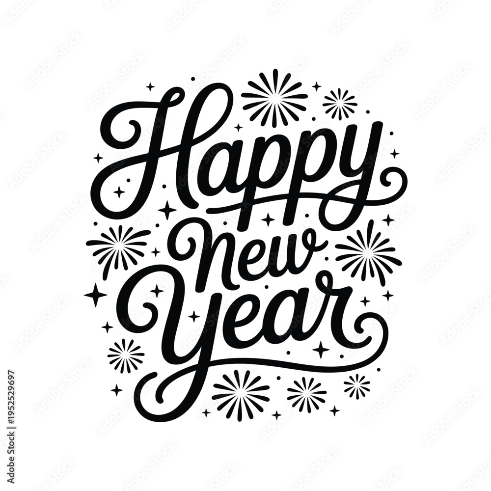 Fototapeta premium Elegant black and white calligraphy design reads happy new year with festive stars