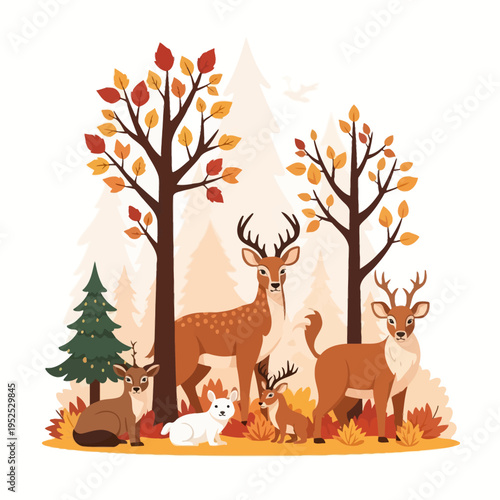 Autumn Forest Scene with Deer Family and Colorful Foliage