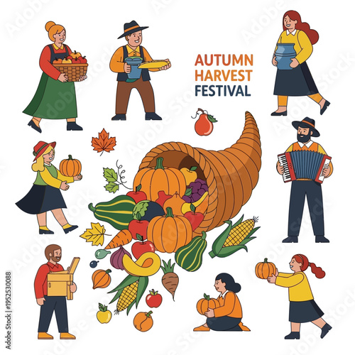 Autumn Harvest Festival Illustration: Cornucopia, People Gathering Fruits and Vegetables