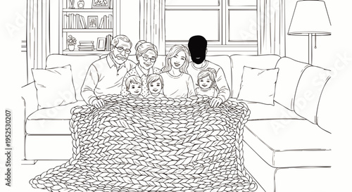 Cozy multi-generational family gathered on a living room sofa, sharing a warm knitted blanket. Black and white line art illustration of togetherness.