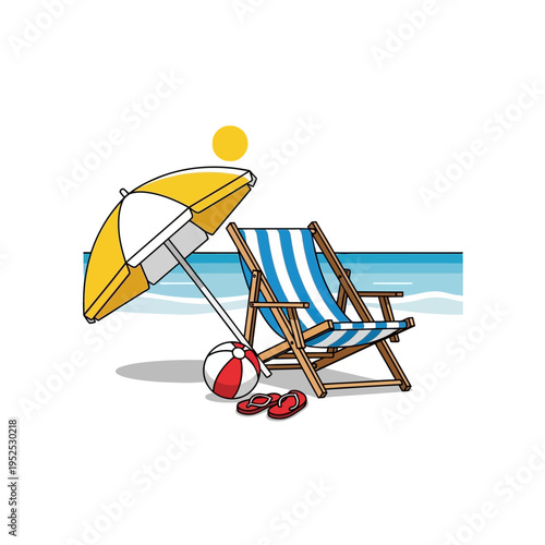 Beach chair, umbrella, ball, and flip-flops on a sunny day by the ocean.