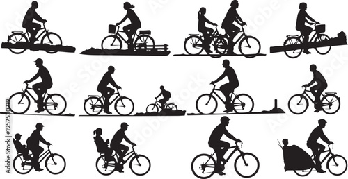 Silhouettes of people riding bicycles in various poses and settings