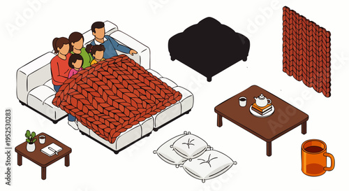 Isometric vector illustration of a cozy family on a sofa under a warm blanket, with living room furniture elements for home comfort.