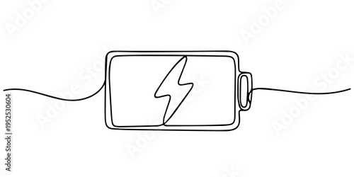 battery charging continuous one line drawing, Continuous one line drawing of a battery icon with a lightning bolt symbol and 00 percent indicator, ideal for technology, power, and charging related