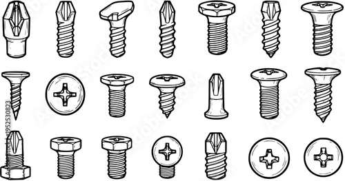 Black and White Line Art Collection of Various Screws and Fasteners