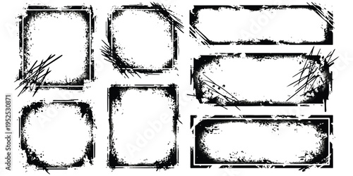 Collection of black grunge border frames with distressed ink textures and dirty spray paint effects for vintage layout vector illustration