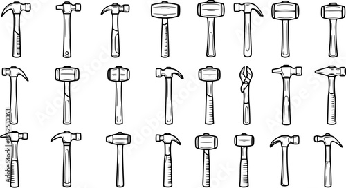 Black and White Line Art Icons of Various Hammers and Pliers - Construction and DIY Tools