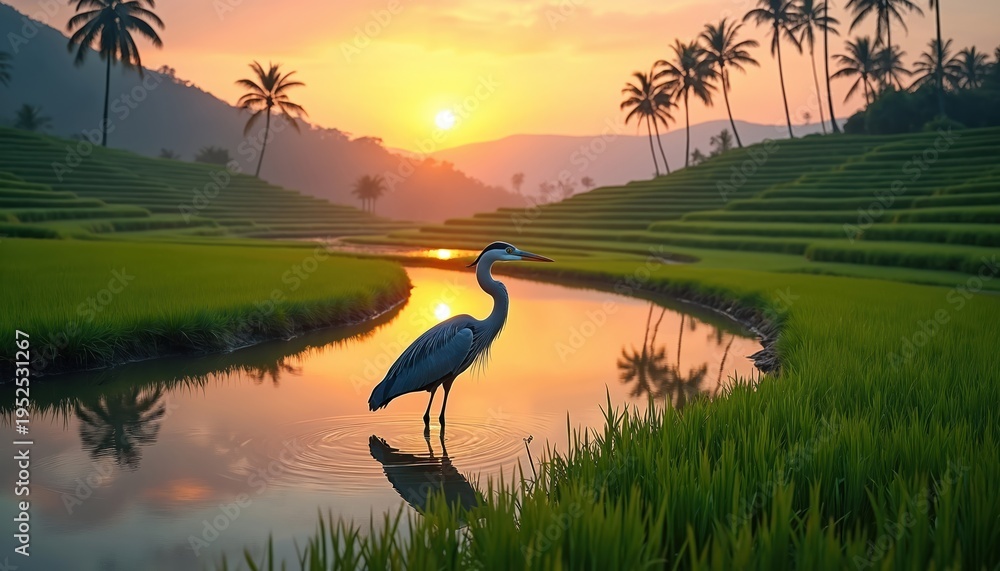 Obraz premium Heron bird stands in water canal between green rice field terraces during golden sunrise. Palm trees line hilly landscape, sun reflects on water surface.