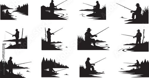 Silhouette of a man fishing in various scenic outdoors