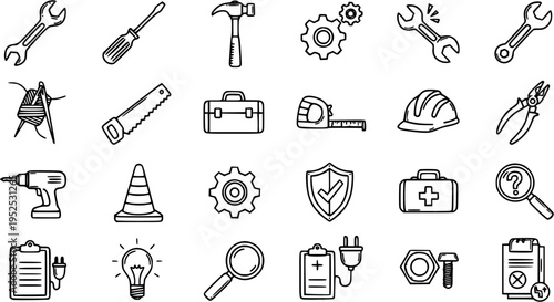 Black and White Line Art Icons of Construction and Repair Tools and Equipment