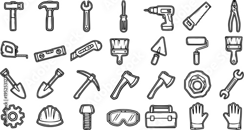 Black and White Line Art Icons of Construction and DIY Tools