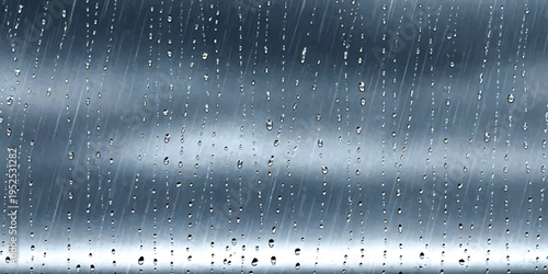 Realistic rain drops on window glass with condensation and vertical water streaks for moody stormy weather atmosphere 