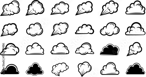Black and White Line Art Collection of Comic Style Smoke or Cloud Icons