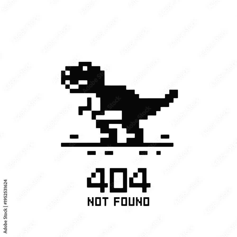 Obraz premium A pixelated tyrannosaurus rex illustration accompanies a 404 not found message