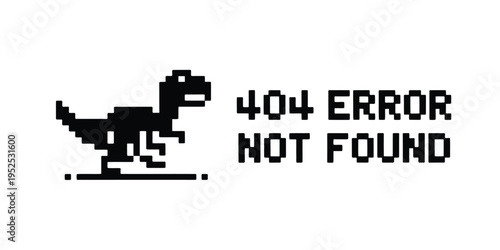 Pixelated dinosaur illustration accompanies a 404 error not found message