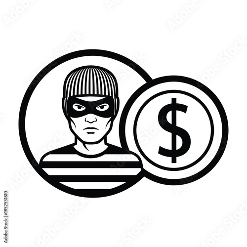 Masked burglar in striped shirt with dollar sign symbol representing theft and financial crime concept in bold illustration