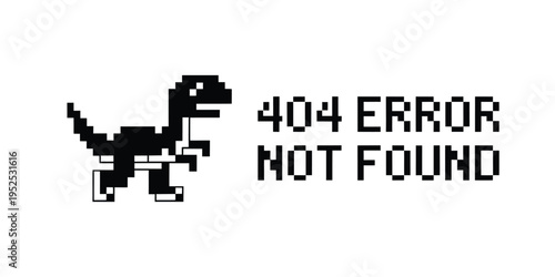 Pixelated dinosaur illustration accompanies a 404 error not found message