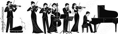 Classical Music Orchestra Silhouette Set with Violinists and Pianist Performing on Stage, Elegant Concert and Instrument Performance Illustration