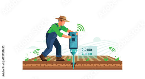 A farmer in a hat and overalls uses a blue soil testing device in a brown field with digital readings and Wi-Fi signals.