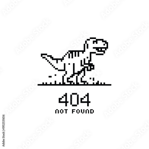 Pixelated t rex dinosaur illustration with a 404 not found error message