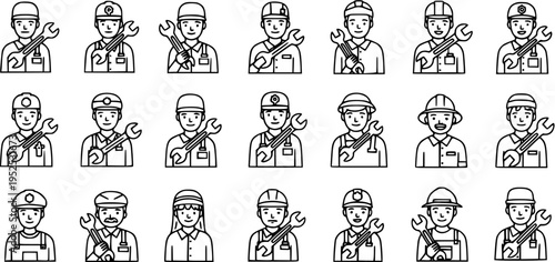 Diverse workers with wrenches in black and white line art icons, construction and repair industry