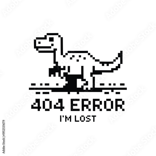 Pixelated dinosaur illustration conveys a 404 error message with a lost theme